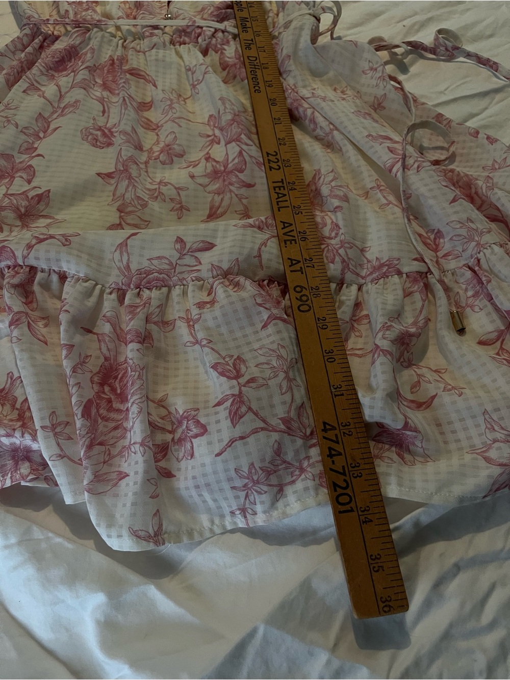 Joie Pink White Floral Long Sleeve Tiered Dress Ruffle Neck Tie Waist - Size XS - Picture 6 of 11